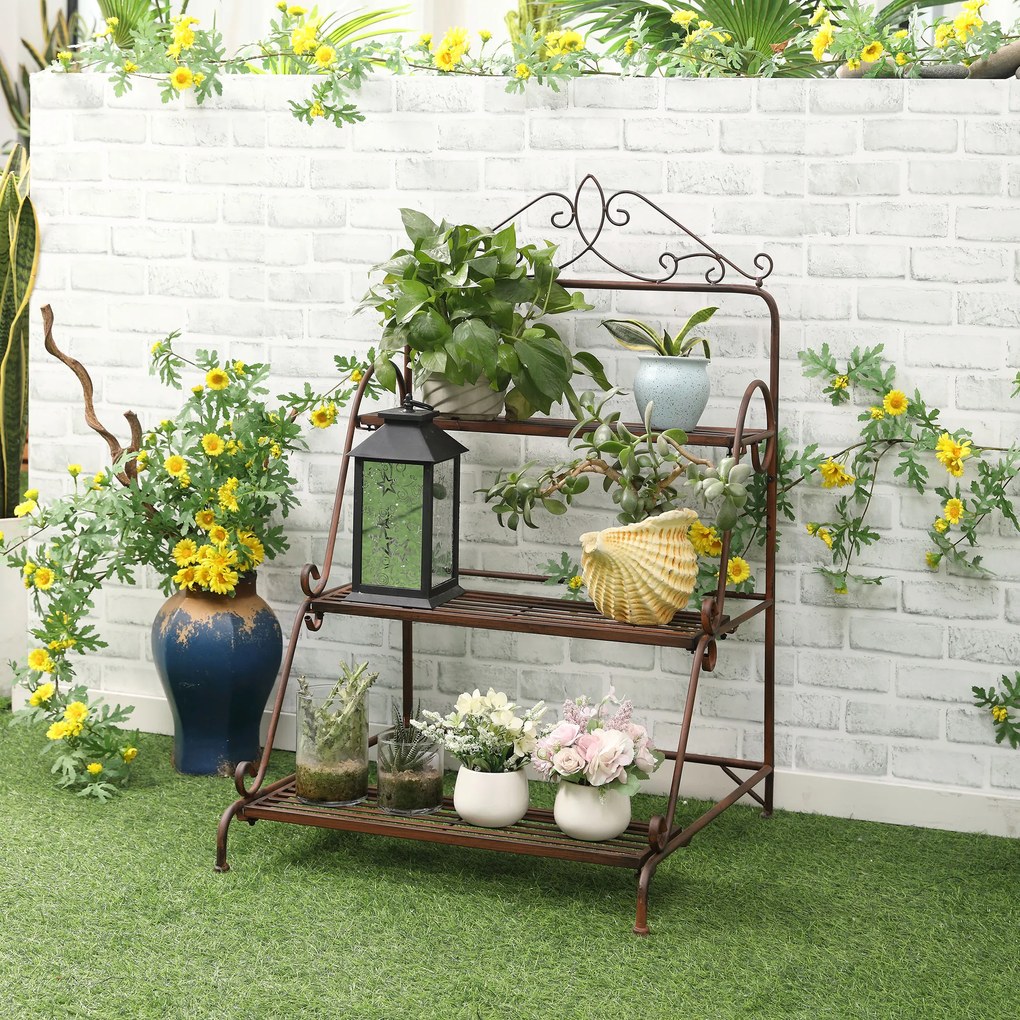 Jardiniera de Exterior Outsunny cu 3 Niveluri pentru Ornamente, Raft pentru Plante de Gradina din Metal, 60,5x59,5x95,5cm, Maro