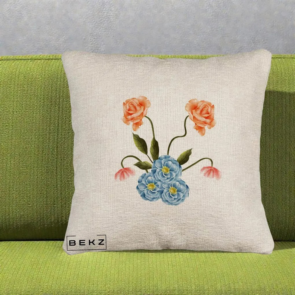 Perna Decorativa Trandafiri si Bujori Acuarela, 40x40 cm, Bej Canapea, Husa Detasabila, Perna Inclusa, BEKZ®