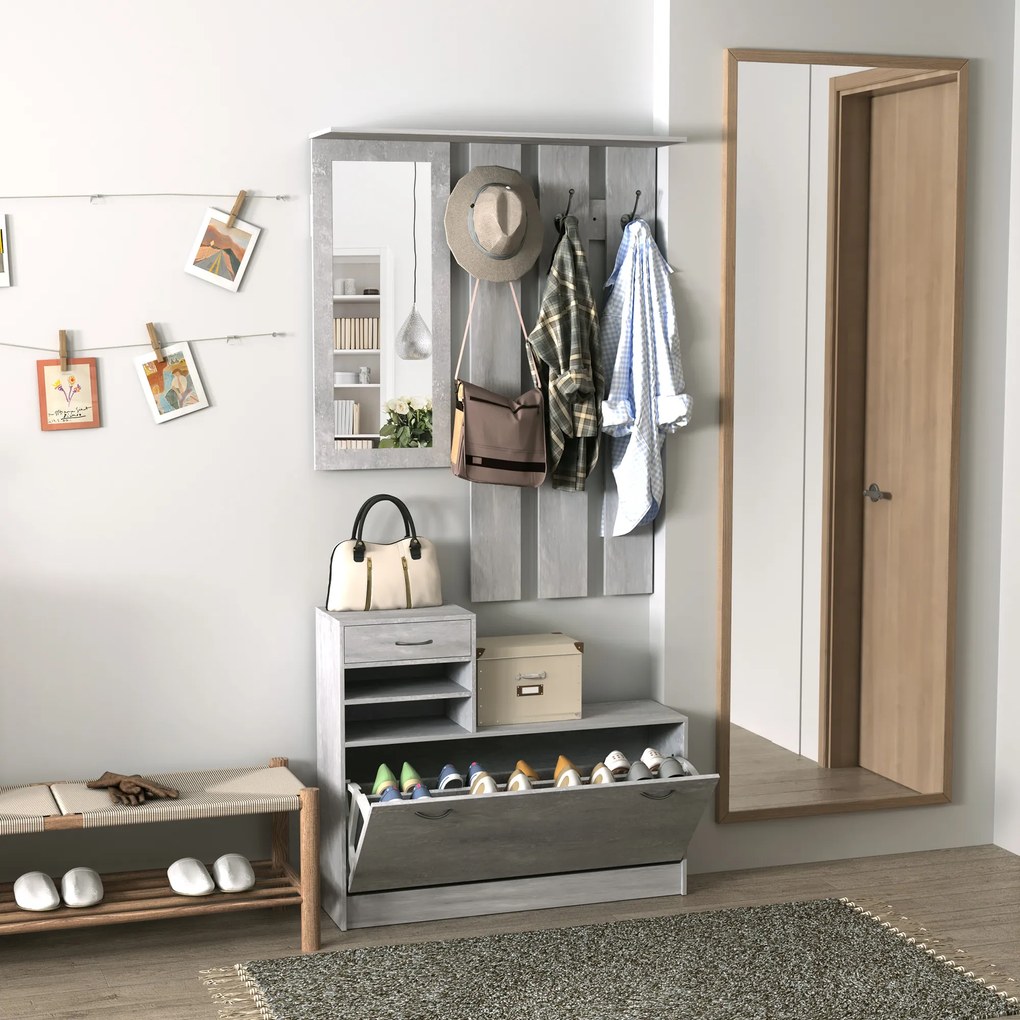 Mobile Garderoba pentru Intrare si Dormitor, cu Cuier cu 6 Carlige, Pantofar Reglabil si Oglinda, Gri ciment, 90x22x116 cm Gri ciment | Aosom Romania