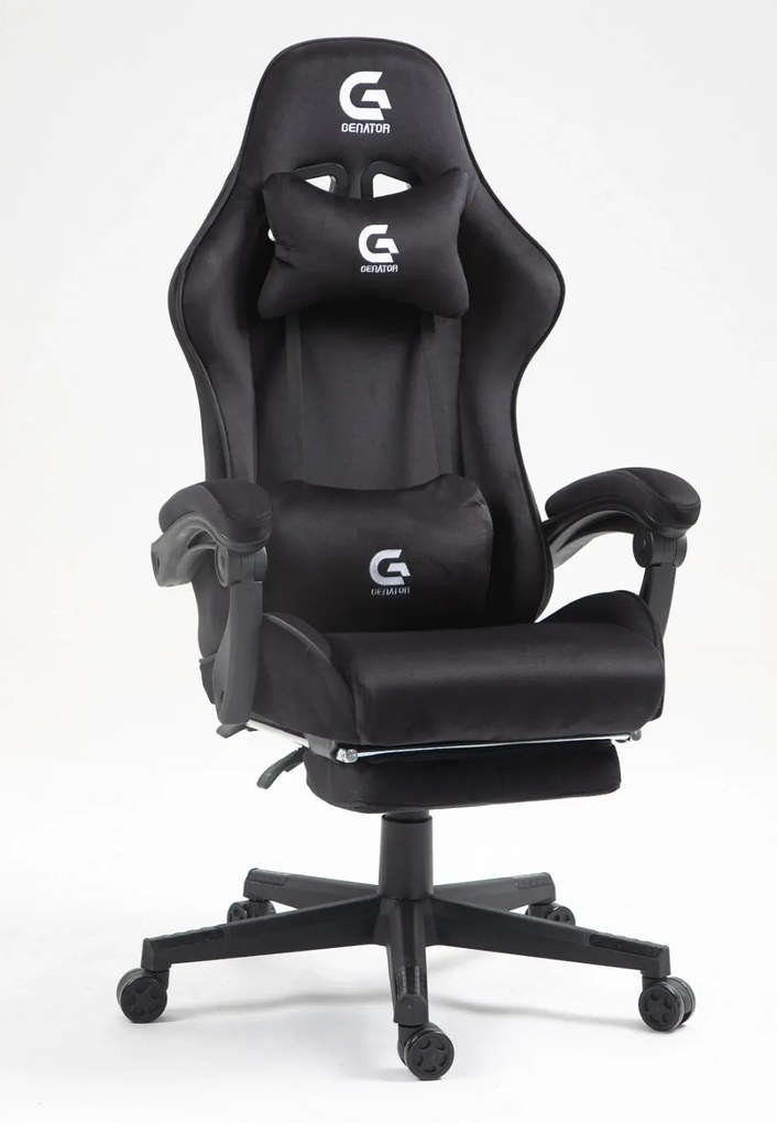 Scaun gaming, ergonomic, suport lombar cu masaj, sezut cu arcuri și spumă, spătar reglabil, tetieră, suport pentru picioare, rezistent 150 kg, material textil, Negru