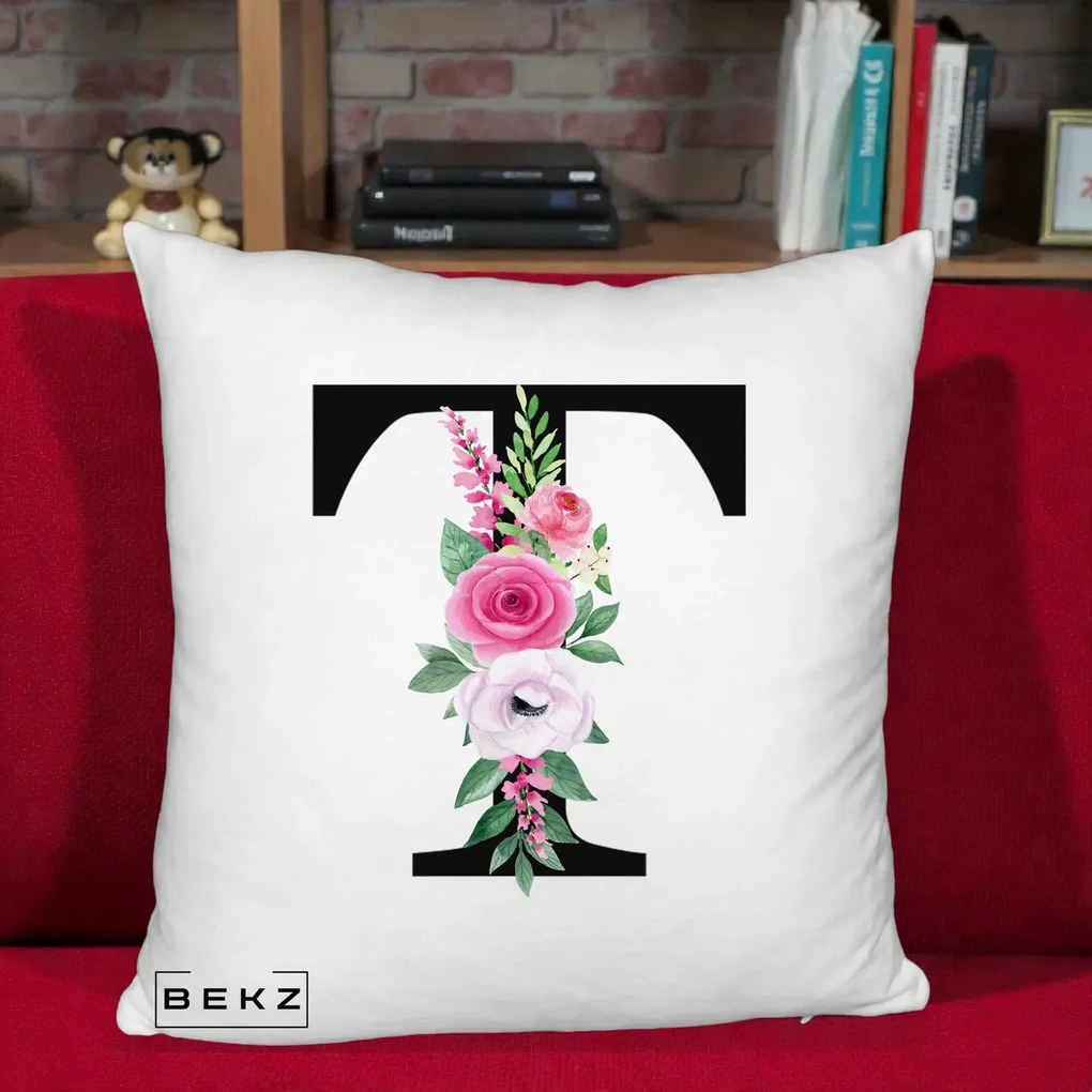 Cadou Personalizat - Perna Personalizata Monograma Florala Litera T, 40x40 cm, Alb Pufos, Husa Detasabila, Perna Inclusa, BEKZ®