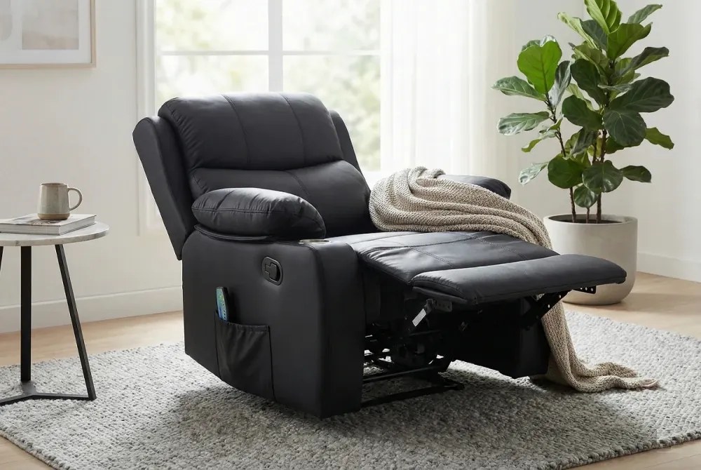 Fotoliu Masaj, Incalzire, rabatabil, sezut cu arcuri metalice, suport picioare extensibil, piele PU, Negru