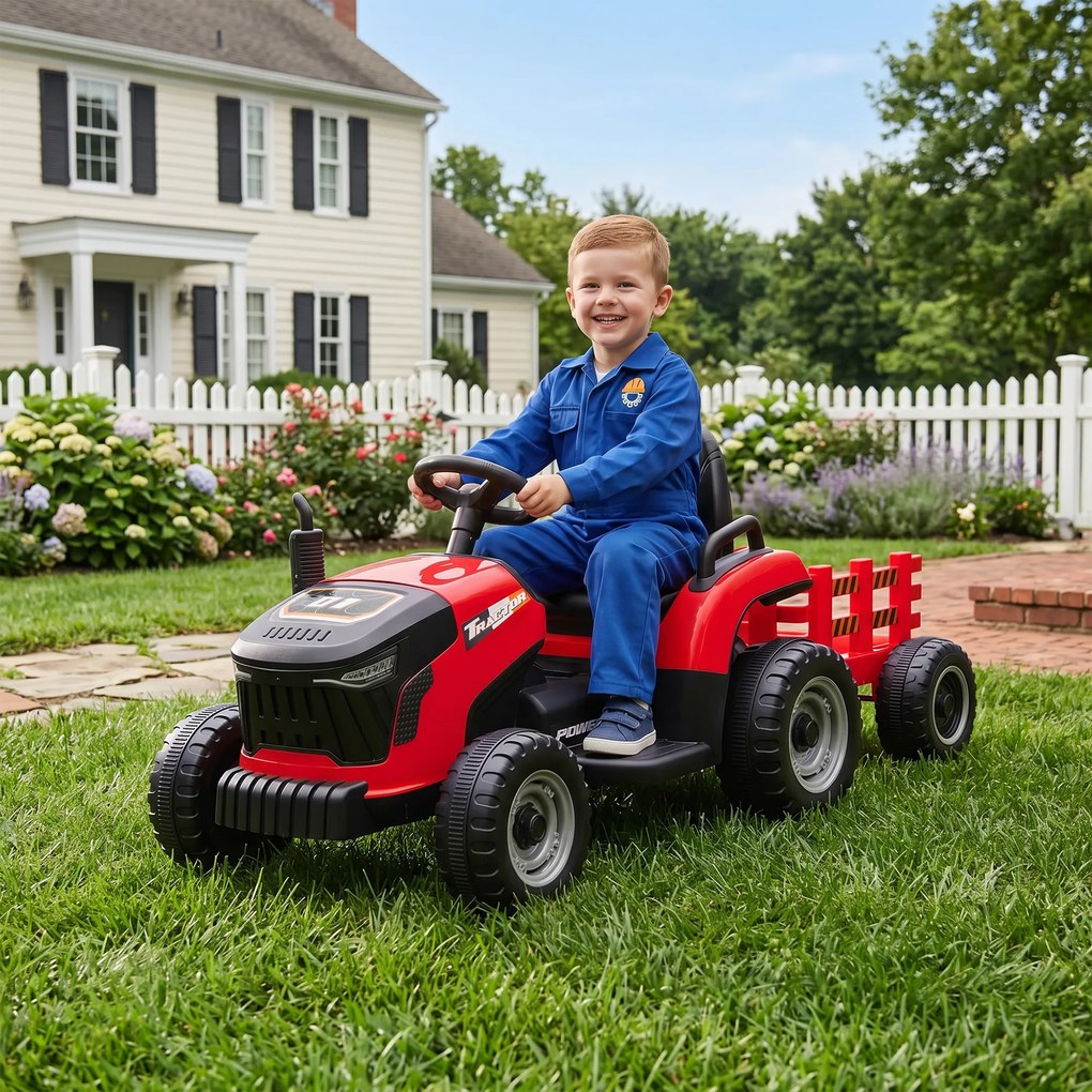 AIYAPLAY 2 în 1 Tractor Electric pentru Copii 3-8 Ani cu Remorcă Detașabilă, Telecomandă, Muzică, Lumini, Roșu | Aosom Romania