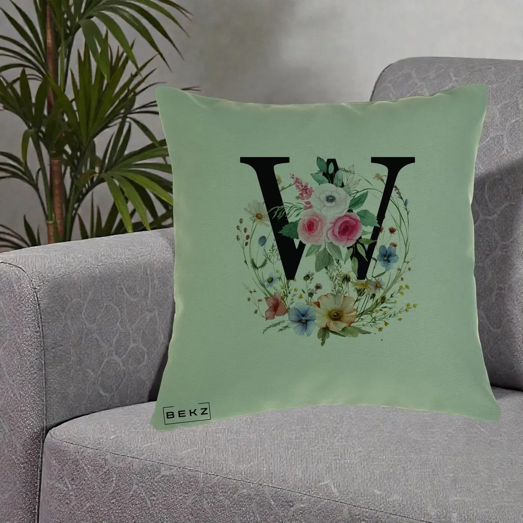 Cadou Personalizat - Perna Personalizata Monograma Florala Litera W, 40x40 cm, Verde, Husa Detasabila, Perna Inclusa, BEKZ®