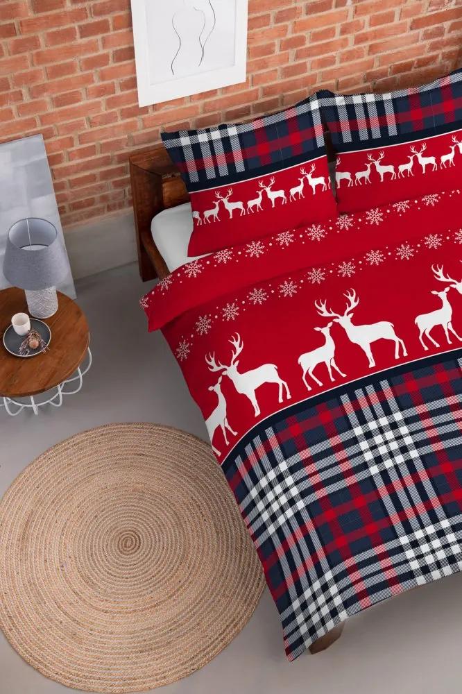 Lenjerie de pat de Crăciun roșie cu ren Velikost: 160x200 cm | 2 x 70x80 cm