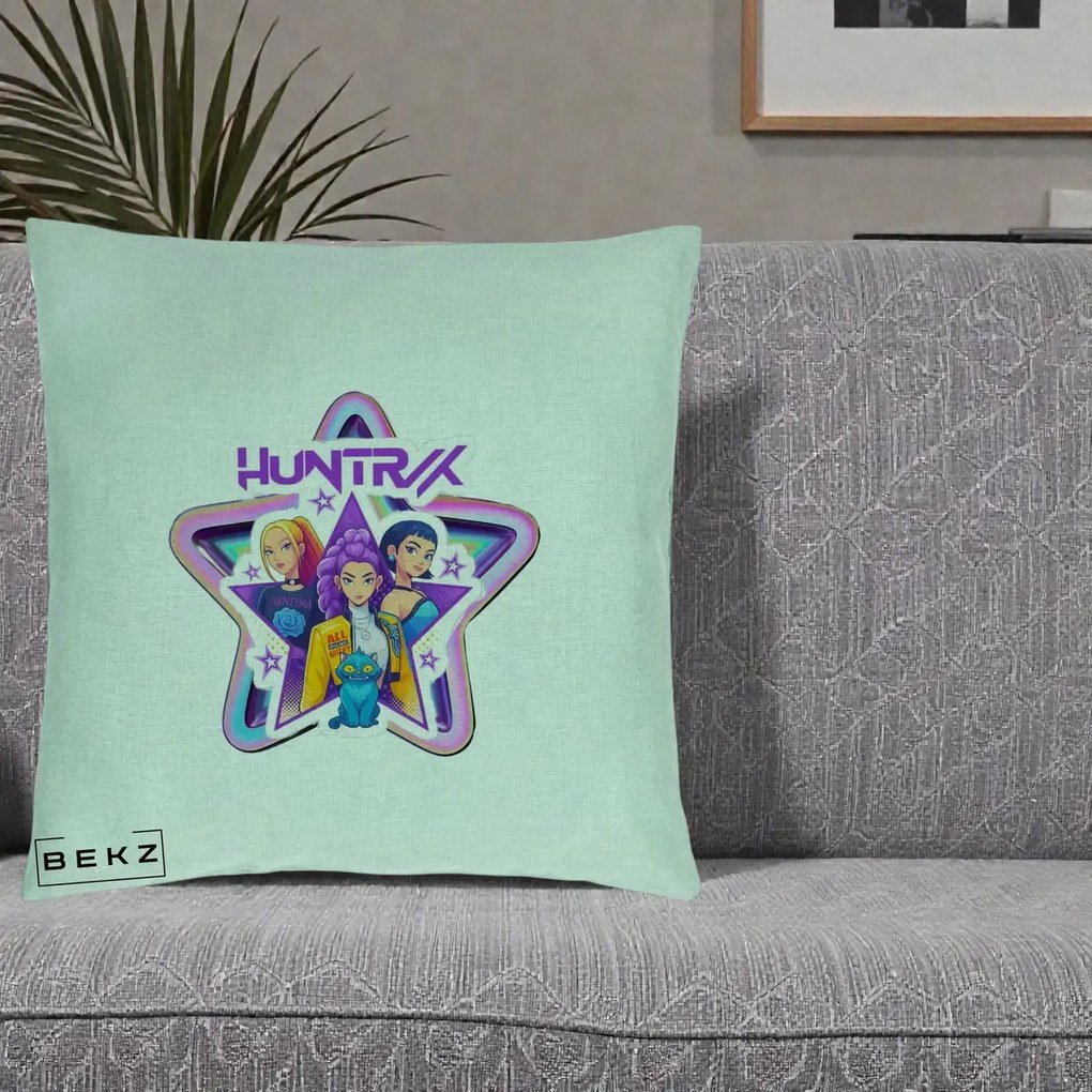 Perna Personalizata K-pop HUNTRX Trio Stea cu Pisica, 40x40 cm, Verde Menta, Husa Detasabila, Perna Inclusa, BEKZ®