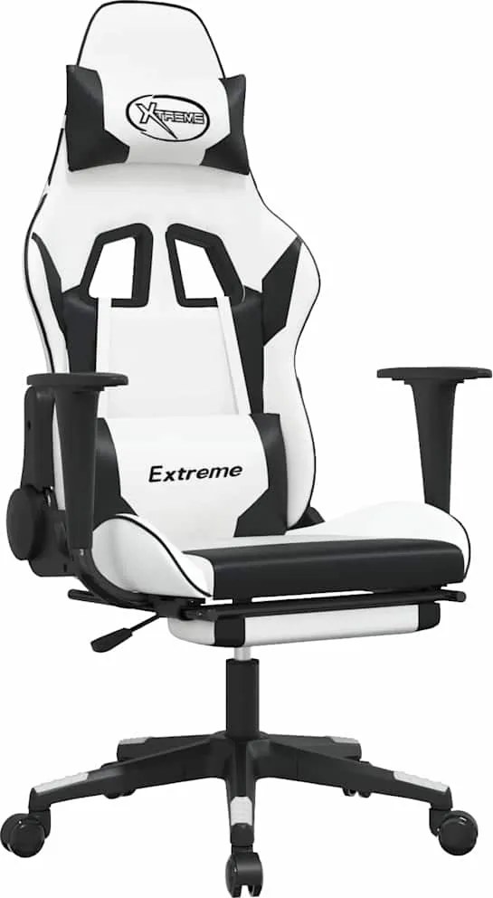 vidaXL Scaun de gaming masaj/suport picioare alb/negru piele eco