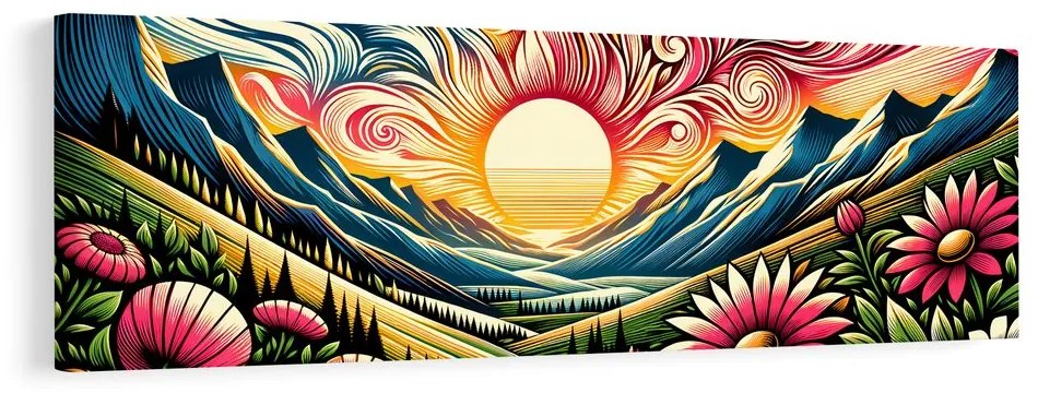 Tablou peisaj solar cu flori și munți