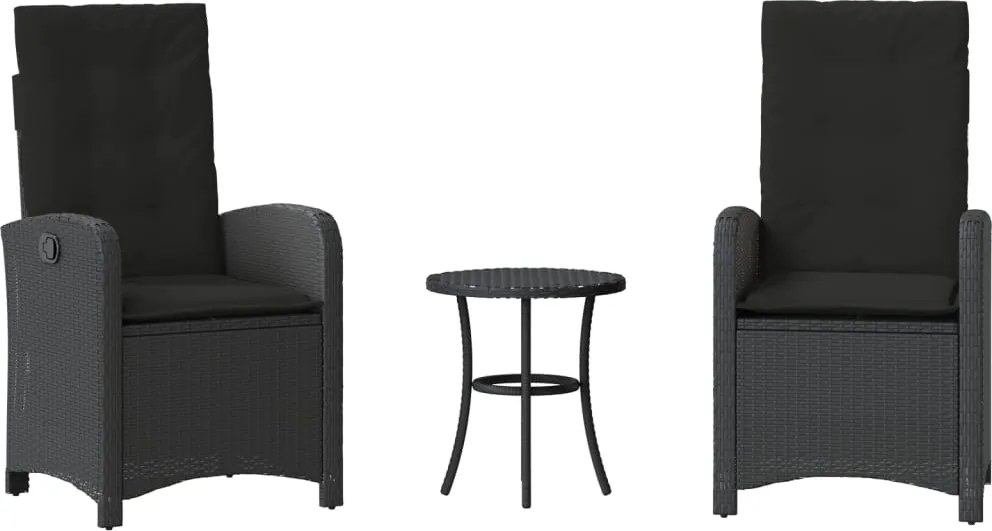 vidaXL Set bistro cu perne, 3 piese, negru, poliratan