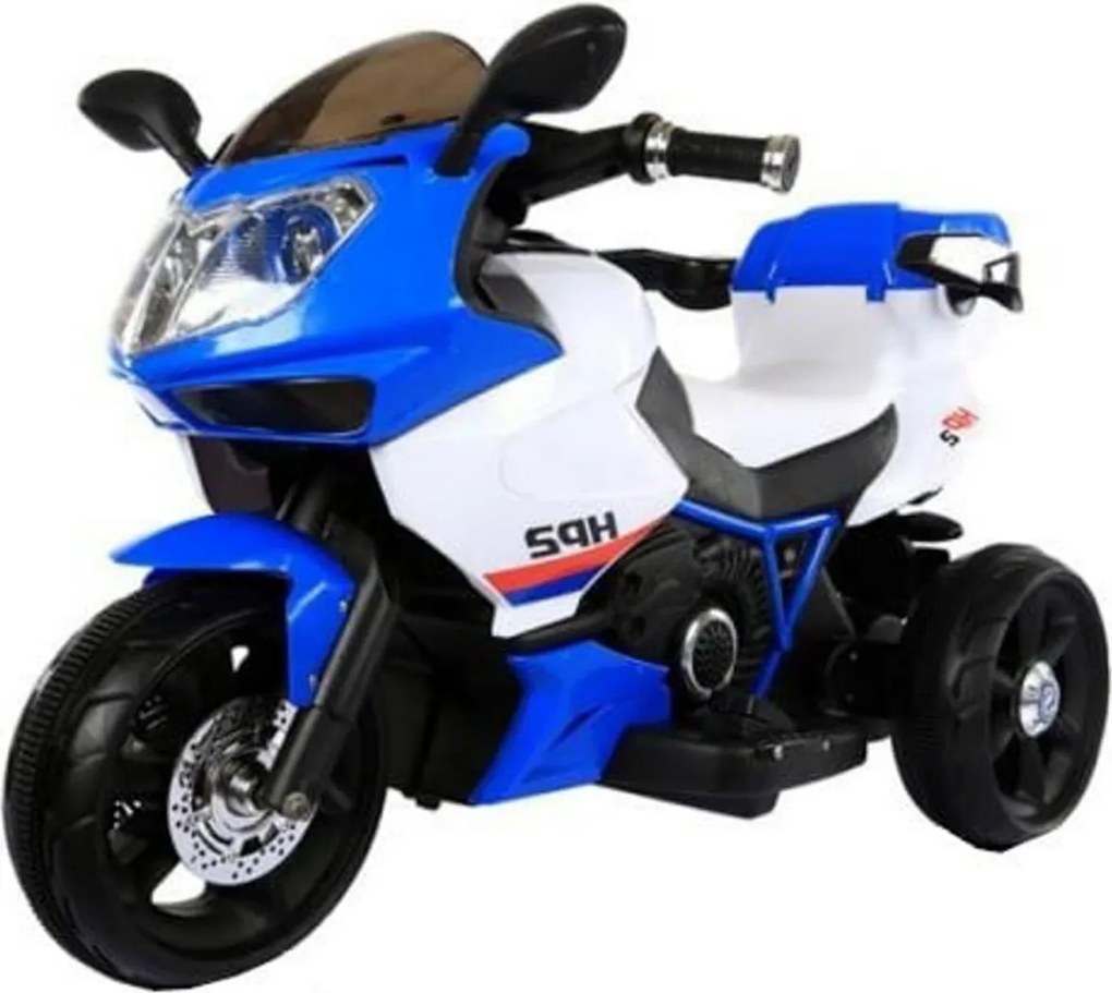 Motocicleta Electrica cu Acumulator Pentru Copii Novokids™ Moto GP Sport, 3-6 ani, max 30 kg, Cu Sunete , 3 Roti, Mers cu spatele, Albastru si alb