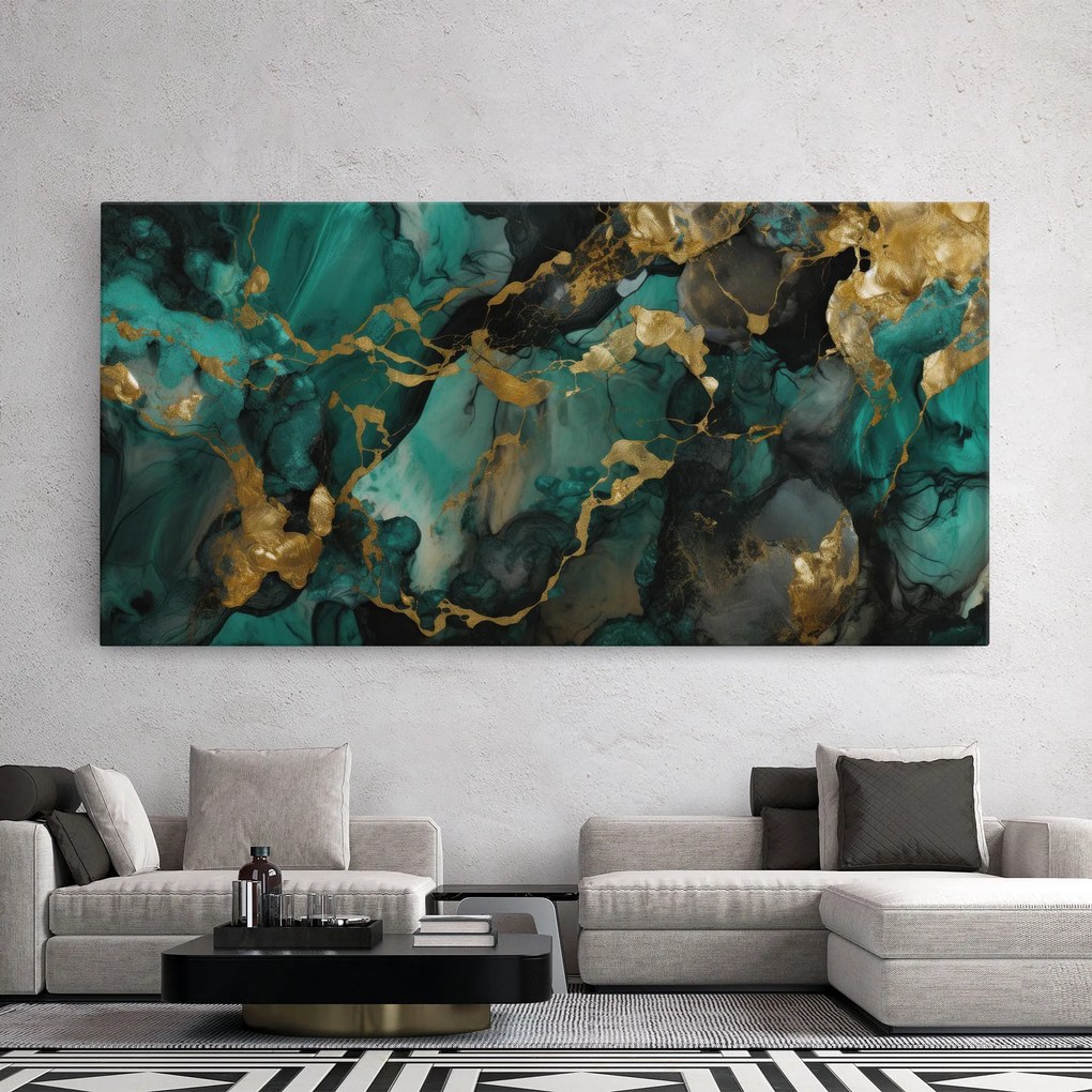 Tablou Canvas, 100x200cm, Dormitor si Living, Abstracte, Marble, Dark Green Golden Marble