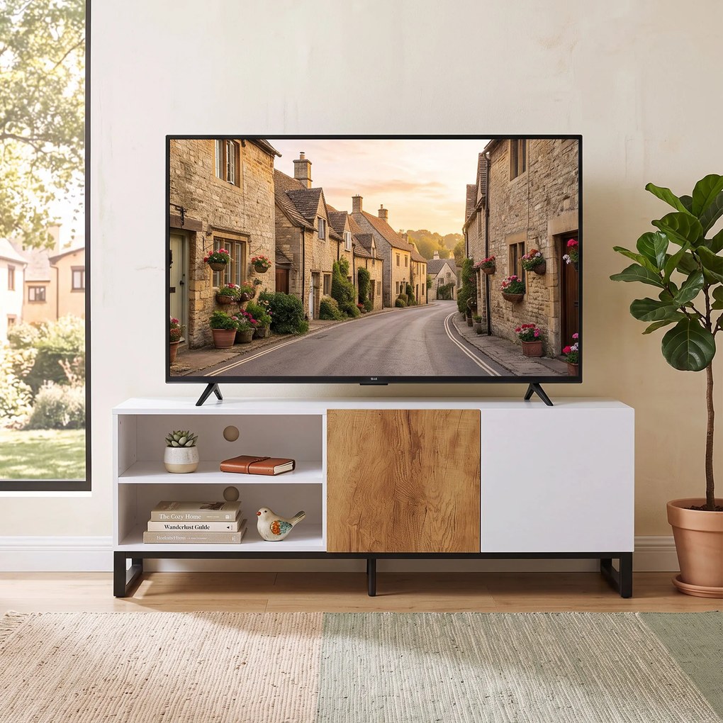 HOMCOM Comodă TV cu Rafturi Reglabile și Ușă Soft-Close, PAL și Oțel, 140x36,5x50 cm, Alb și Stejar | Aosom Romania