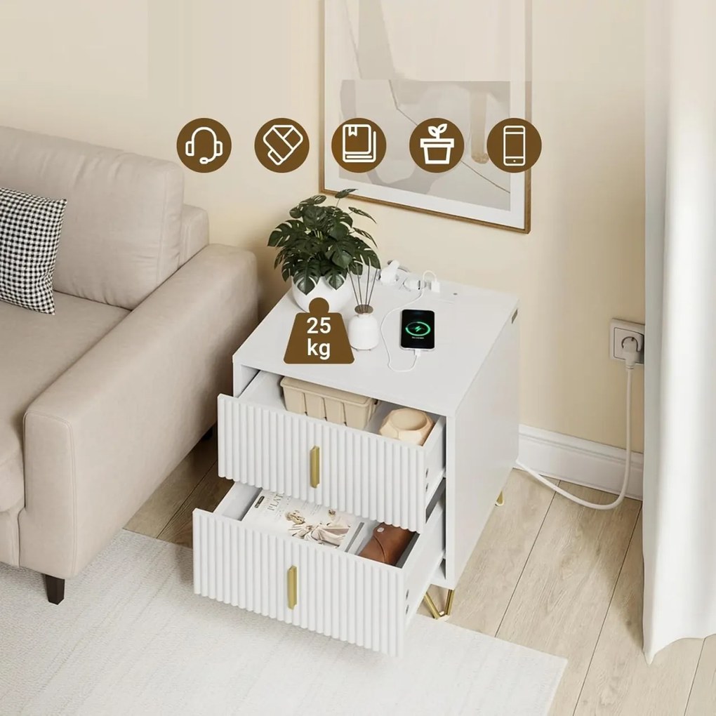 NOA29 - Set 2x Noptiere albe 40x40x47 cm, riflaje, cu sau fara Priza, cu 2 sertare, dormitor - Alb-Auriu