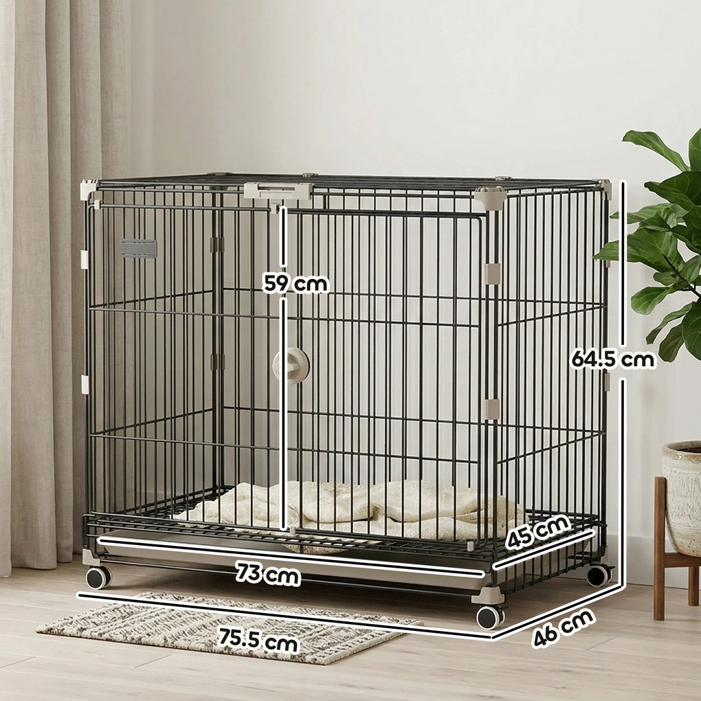 PawHut Cușcă pliabilă pentru câini, Tavă detașabilă, Roți cu frâne, Acoperiș rabatabil, Ușă de hrănire, 75,5x46x64,5cm, Negru | Aosom Romania