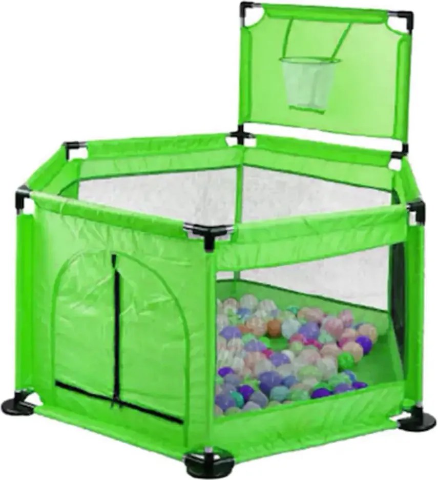 Tarc de joaca pentru copii cu cos de baschet si 50 bile, NBW, interior-exterior, 113x128 cm, Verde