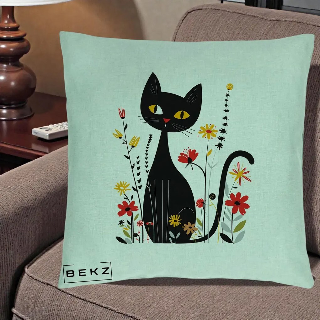 Perna Decorativa Pisica Neagra Ochi Galbeni Flori, 40x40 cm, Verde Menta, Husa Detasabila, Perna Inclusa, BEKZ®