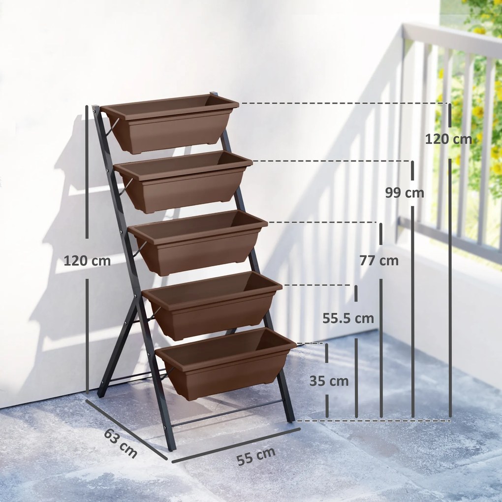 Outsunny Suport pentru Plante Vertical cu 5 Niveluri și 5 Ghivece cu Găuri de Drenaj, Suport din Oțel și Plastic, 55x63x120 cm, Maro | Aosom Romania