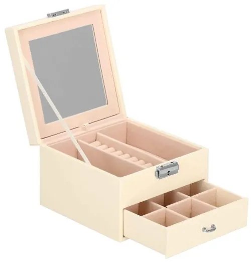 Cutie pentru bijuterii, catifea si piele ecologica, crem si roz, cu oglinda, 16x16x11 cm, Springos