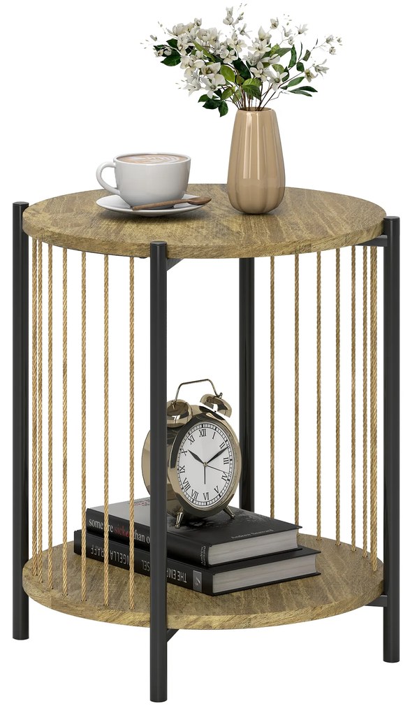 HOMCOM Masă Auxiliară Rotundă de 2 Nivele cu Raft și Structură de Oțel pentru Sufragerie Dormitor 43,5x43,5x51 cm Lemn Natural | Aosom Romania