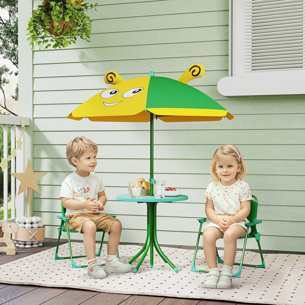 Set mobilier de grădină pentru copii AIYAPLAY, Scaune, Masa, Umbrelă, Design de Albinuțe, Verde+Galben | Aosom Romania