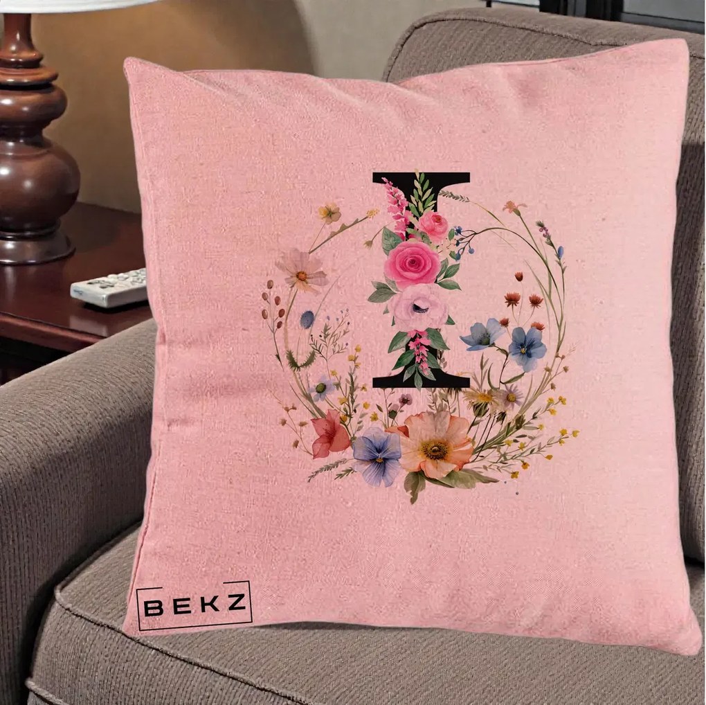 Cadou Personalizat - Perna Personalizata Monogram Litera I cu Flori Acuarela, 40x40 cm, Roz, Husa Detasabila, Perna Inclusa, BEKZ®
