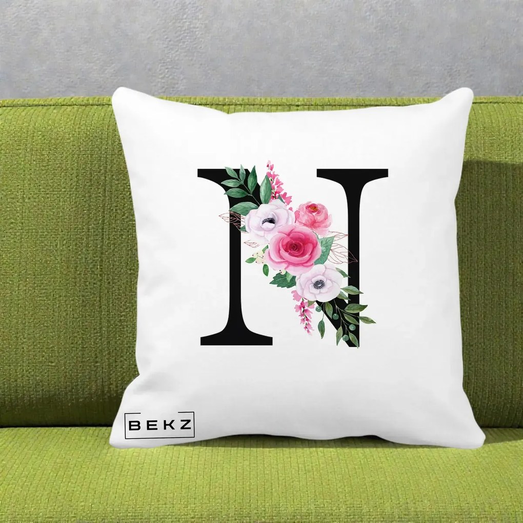 Cadou Personalizat - Perna Personalizata Monograma Florala Litera N, 40x40 cm, Alba Mata, Husa Detasabila, Perna Inclusa, BEKZ®