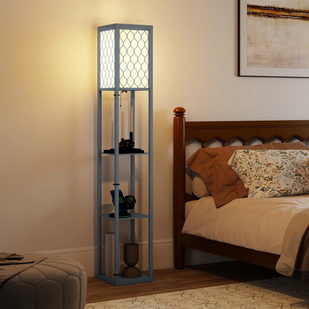 HOMCOM Lampadar Podea 2 în 1, 3 Rafturi, Economisire Spațiu, Soclu E27, 26x26x160 cm, Gri Deschis | Aosom Romania