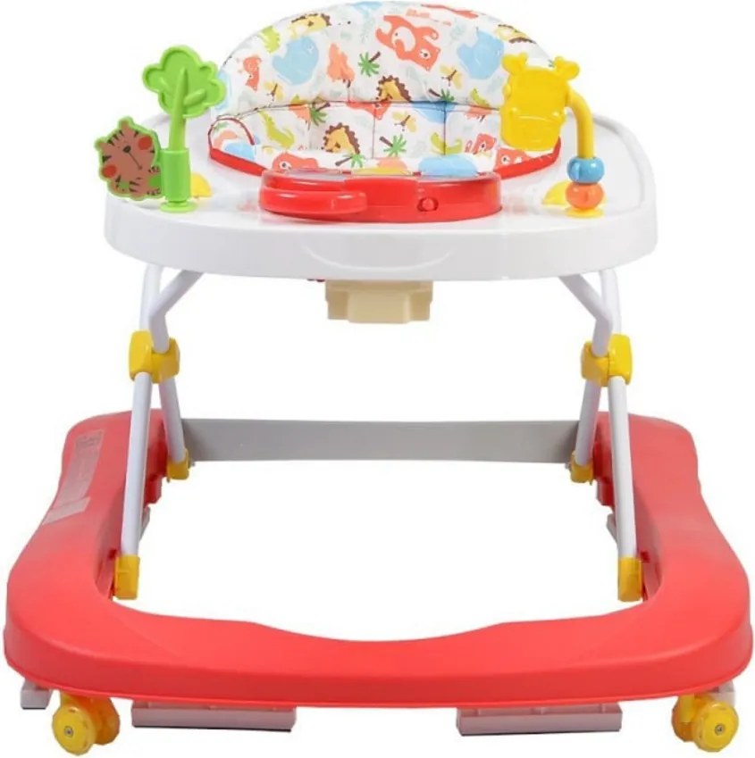 Premergator Premium reglabil in 3 trepte de inaltime NOVOKIDS™ ZooZoo Baby ,Roti silentioase din silicon, Cu melodii, Animalute, Pliabil, Rosu