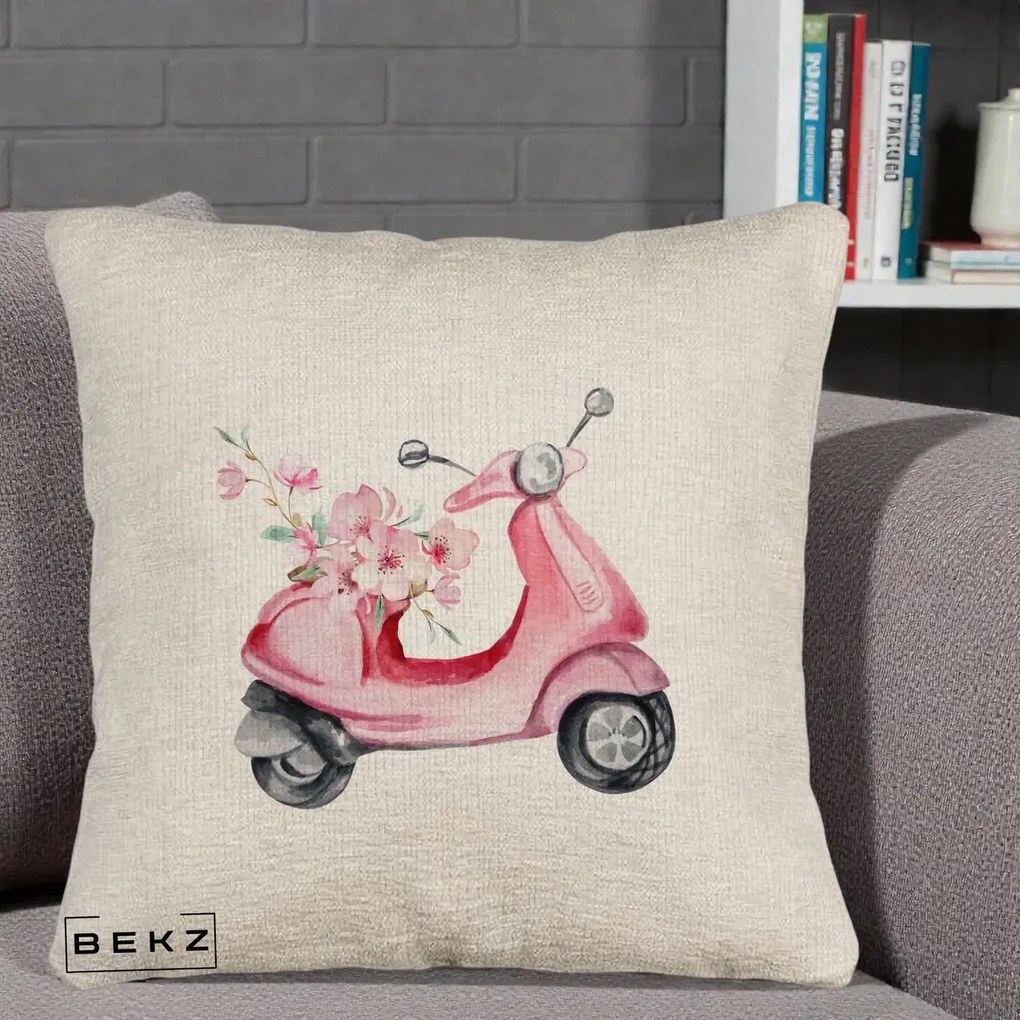 Perna Decorativa Scuter Roz cu Flori Acuarela, 40x40 cm, Bej Canapea, Husa Detasabila, Perna Inclusa, BEKZ®