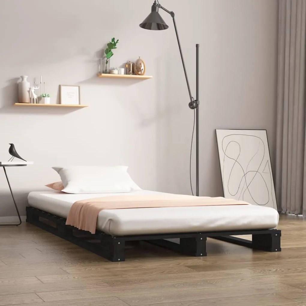 821421 vidaXL Pat din paleți Single Small 2FT6 negru 75x190 cm lemn masiv pin