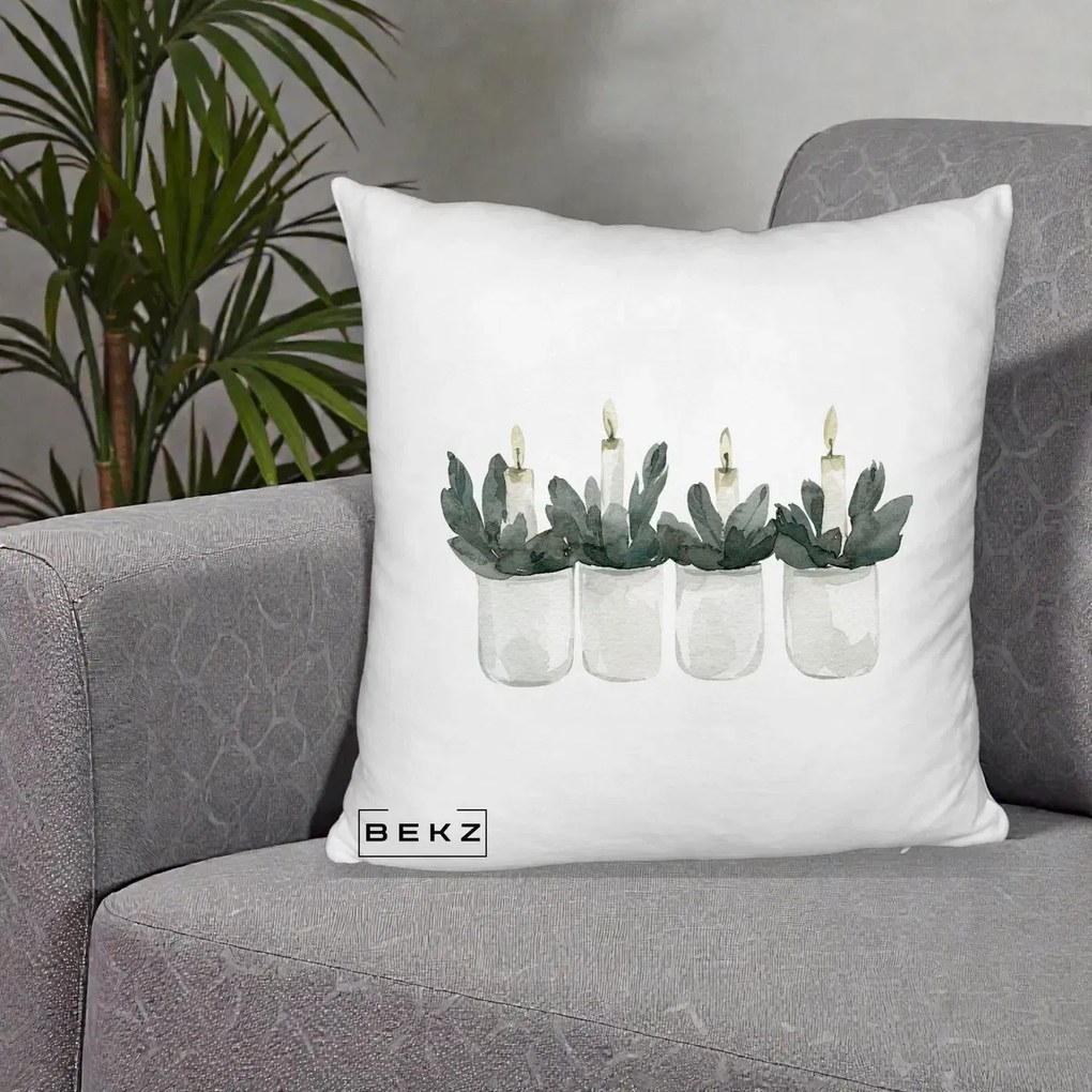 Perna Decorativa Lumanari in Borcane cu Eucalipt, 40x40 cm, Alb Pufos, Husa Detasabila, Perna Inclusa, BEKZ®