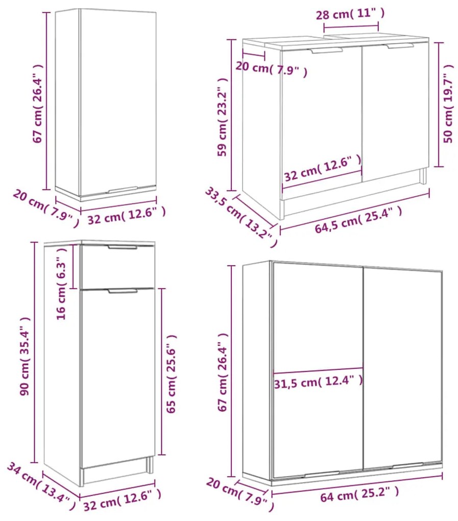 Set dulapuri de baie, 5 piese, alb extralucios, lemn prelucrat Alb foarte lucios, 5