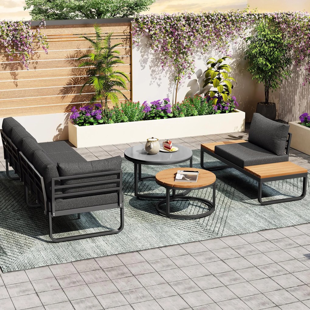 Set de mobilier de grădină pentru 4-5 locuri, 2 mese de cafea integrate, perne de șezut și perne confortabile, Gri