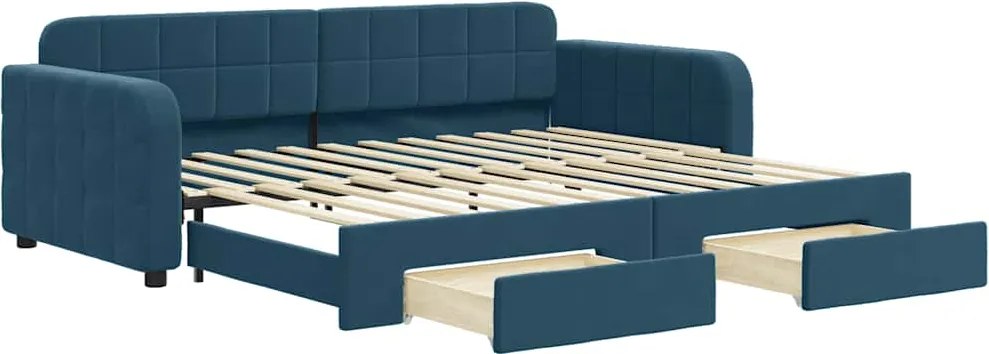 vidaXL Pat de zi cu extensie și sertare, albastru, 90x200 cm, catifea
