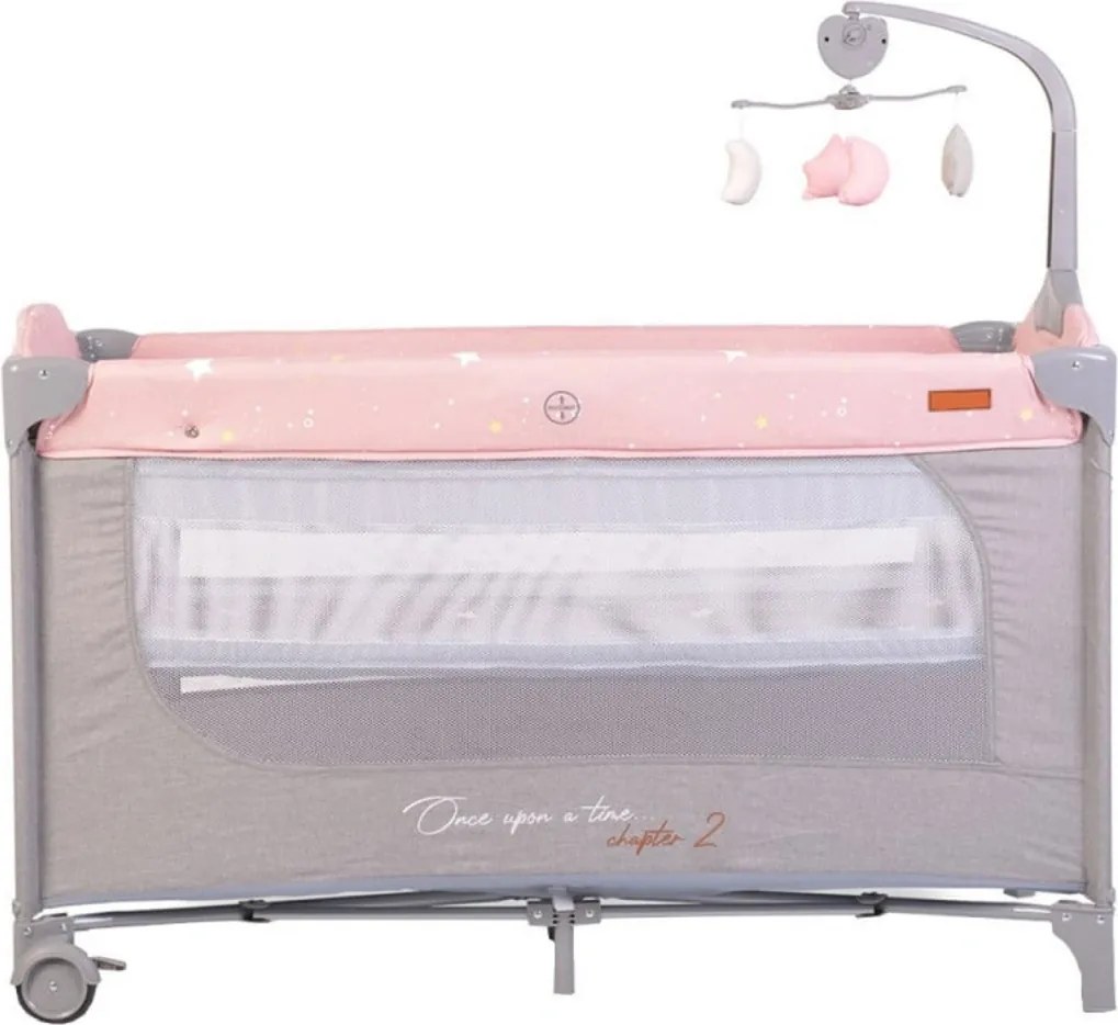 Patut pliant transformabil in tarc copii NOVOKIDS™ Onceuponatime NEST, 62X125 cm, 2 Niveluri, Jucarie Carusel muzical, Fermoar acces lateral, Roz cu