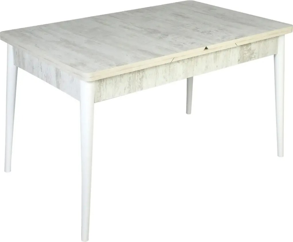 Set masa extensibila cu 6 scaune tapitate Homs cristal  bej-picior-alb-170 x 80 cm