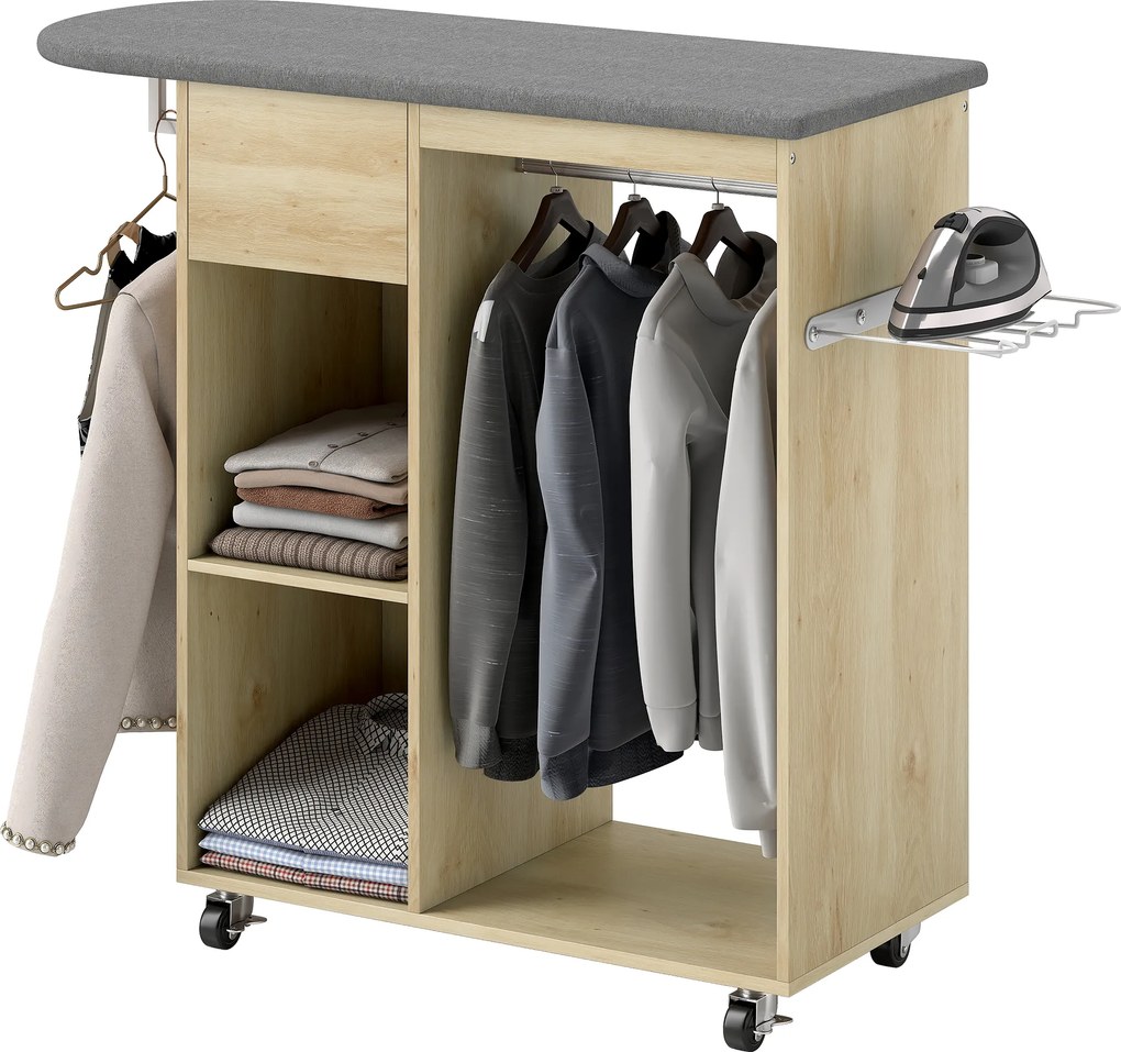 HOMCOM Dulap pentru călcat din lemn masă de călcat pe roți bară de suspendare raft 125 x 43,5 x 102,5 cm lemn natural | Aosom Romania