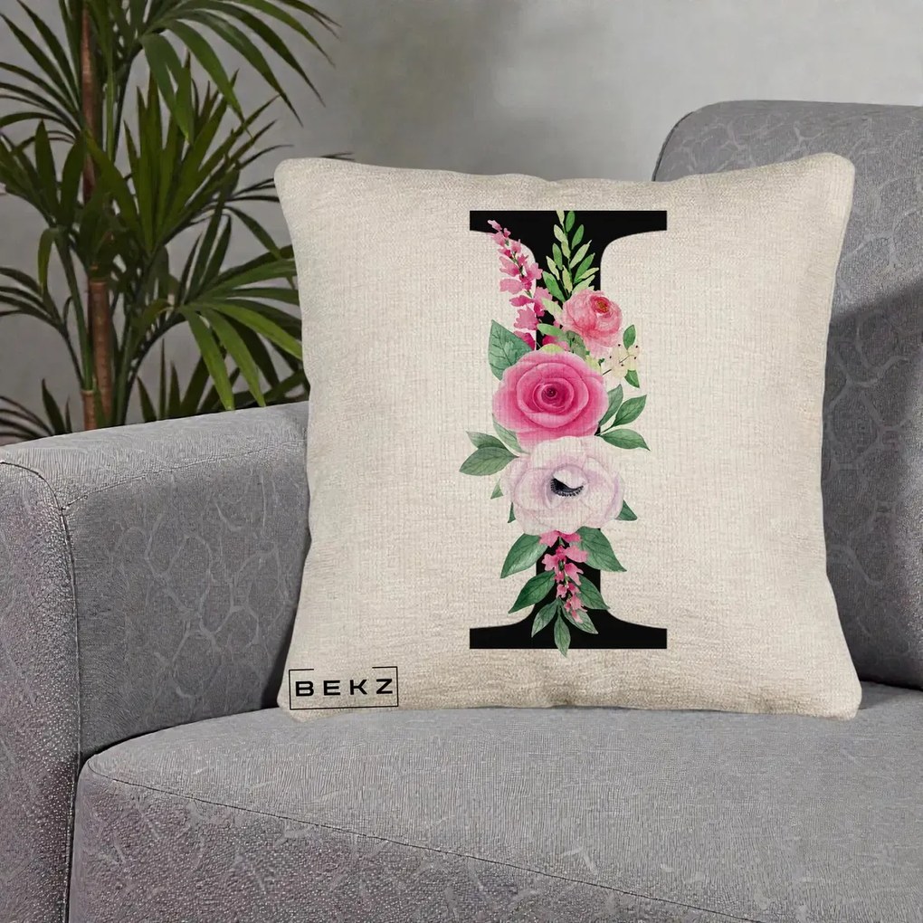 Cadou Personalizat - Perna Personalizata Monograma Florala Litera I, 40x40 cm, Bej Canapea, Husa Detasabila, Perna Inclusa, BEKZ®