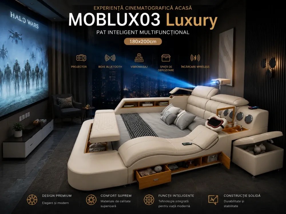 MOBLUX03 Luxury 180x200 cm Beige Left Chaise – Pat Inteligent Premium cu Proiector, Vibromasaj, Boxe Bluetooth, Încărcare Wireless și Spații Multiple de Depozitare