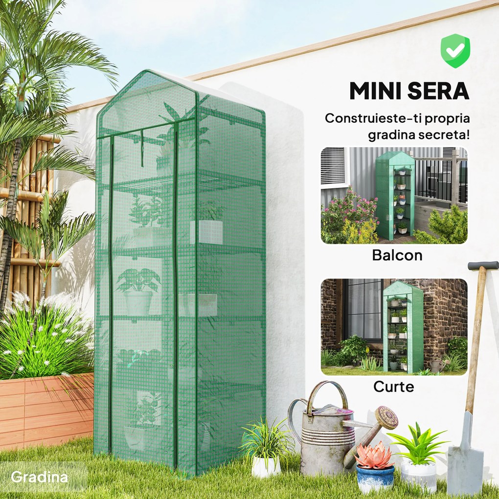 Outsunny Seră de grădină balcon etajere seră 5 niveluri 0,69 x 0,49 x 1,93 m oțel folie rulabilă PE verde | Aosom Romania