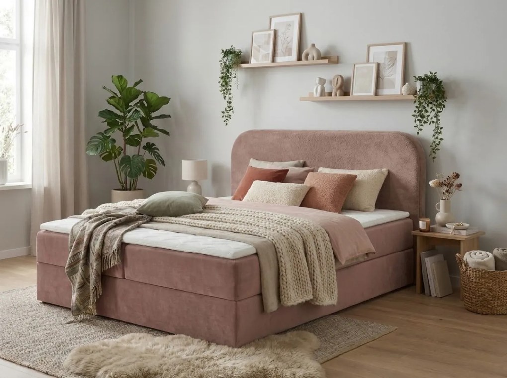 Pat tapitat boxspring FORENA 180x200 cm roz antic Saltea: Saltea cu arcuri Bonell