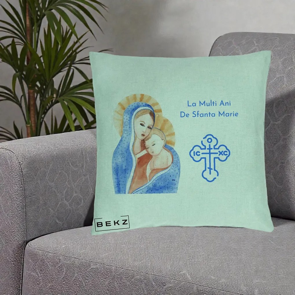 Cadou de Onomastica - Perna Personalizata Sfanta Marie Icoana Acuarela, 40x40 cm, Verde Menta, Husa Detasabila, Perna Inclusa, BEKZ®