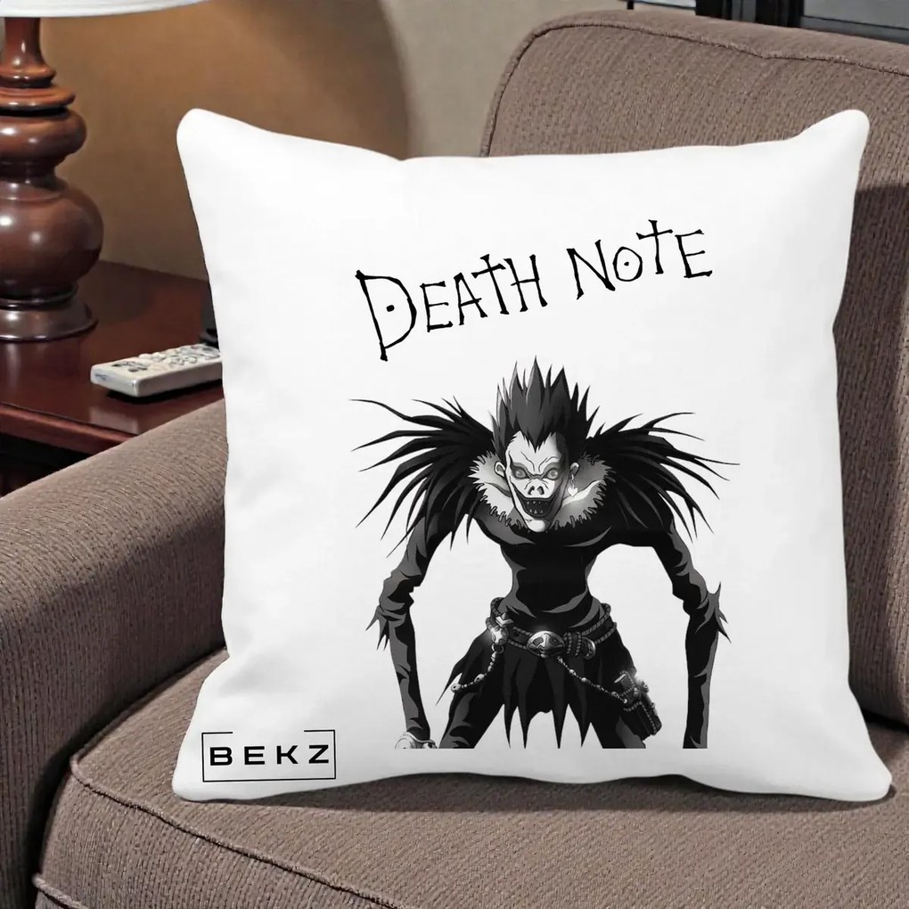 Perna Personalizata Death Note Ryuk Shinigami Alb-Negru, 40x40 cm, Alba Mata, Husa Detasabila, Perna Inclusa, BEKZ®