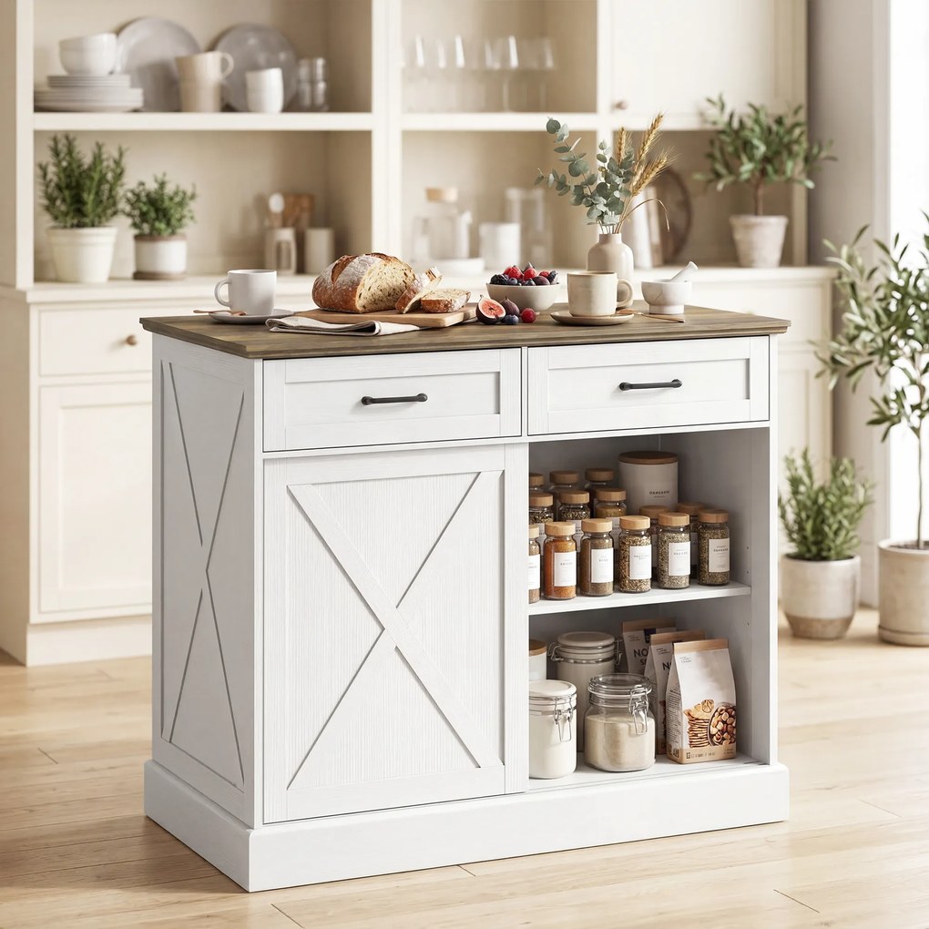 HOMCOM Insulă centrală de bucătărie, bufet de bucătărie, mobilier de depozitare cu 2 sertare, 2 uși culisante, poliță reglabilă, alb | Aosom Romania