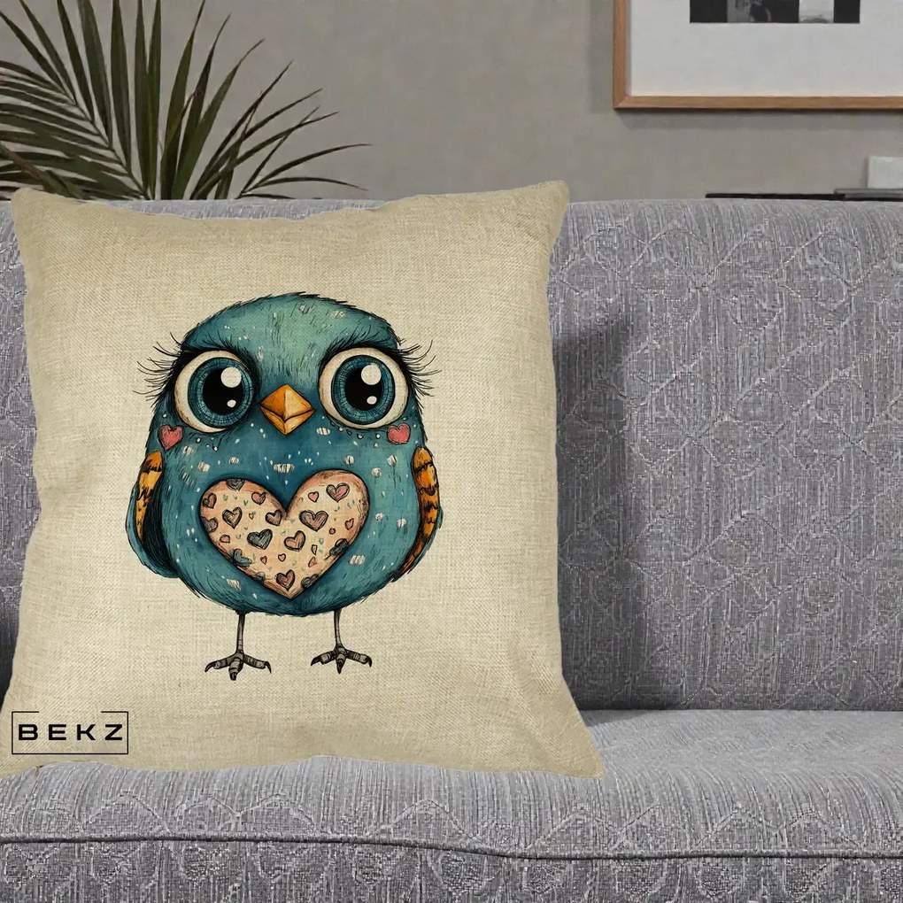 Perna Decorativa Bufnita Albastra cu Inimioare, 40x40 cm, Crem, Husa Detasabila, Perna Inclusa, BEKZ®