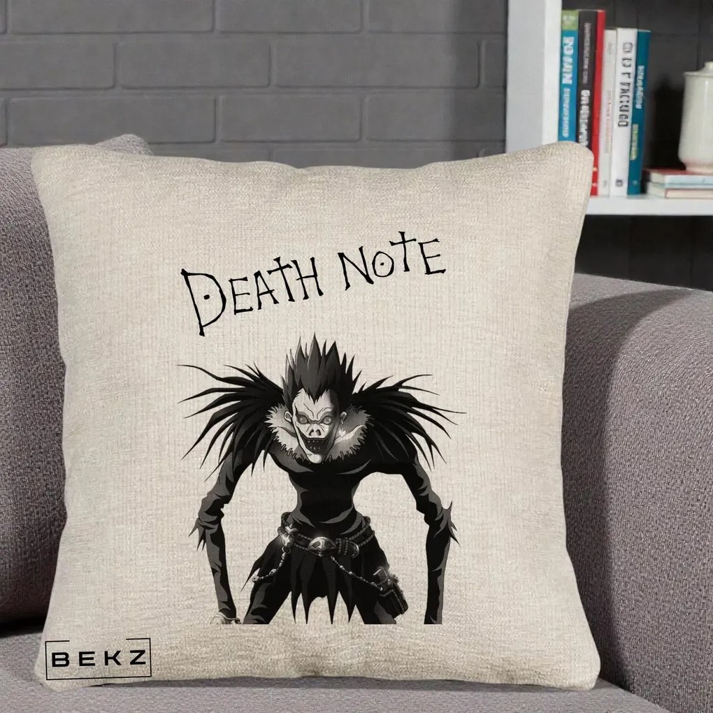 Perna Personalizata Death Note Ryuk Shinigami Alb-Negru, 40x40 cm, Bej Canapea, Husa Detasabila, Perna Inclusa, BEKZ®