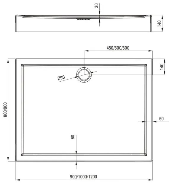 Cadita dus dreptunghiulara alba 120x90 cm Jasmin Plus, Deante 1200x900 mm