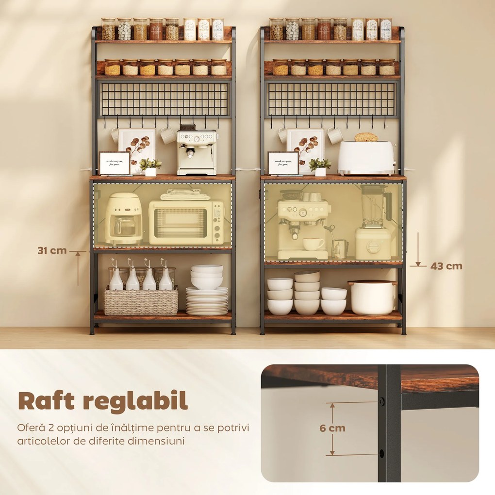 HOMCOM Raft de Bucătărie cu Prize și Rafturi Reglabile, Raft pentru Cuptor cu Microunde cu 5 Niveluri, Panou cu Grilaj și 10 Cârlige, Mobilier Vintage Structură din Oțel, 80x40x170 cm, Maro Rustic | Aosom Romania