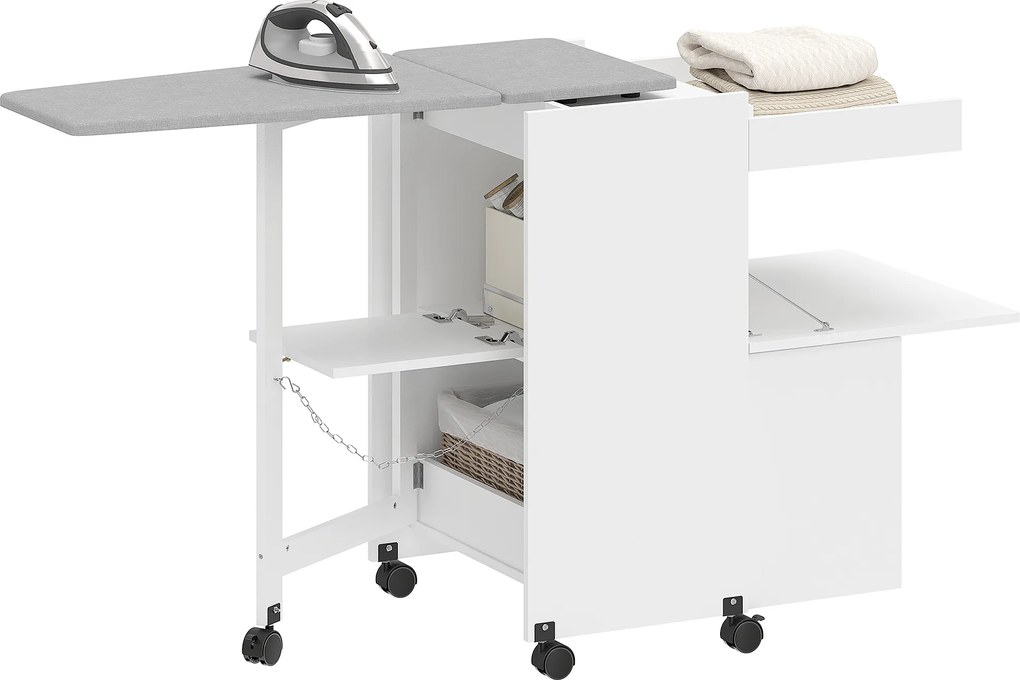 HOMCOM Dulap pentru călcat, masă de călcat pliabilă pe roți cu uși cu deschidere prin apăsare, balamale cu închidere moale, alb | Aosom Romania