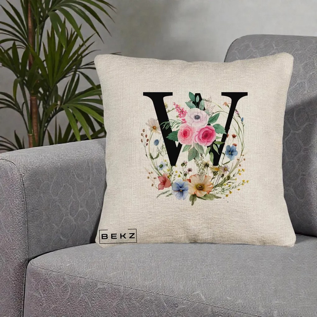 Cadou Personalizat - Perna Personalizata Monograma Florala Litera W, 40x40 cm, Bej Canapea, Husa Detasabila, Perna Inclusa, BEKZ®